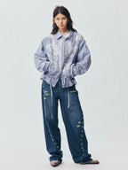Lace Embroidered Striped Padded Shirt Jacket