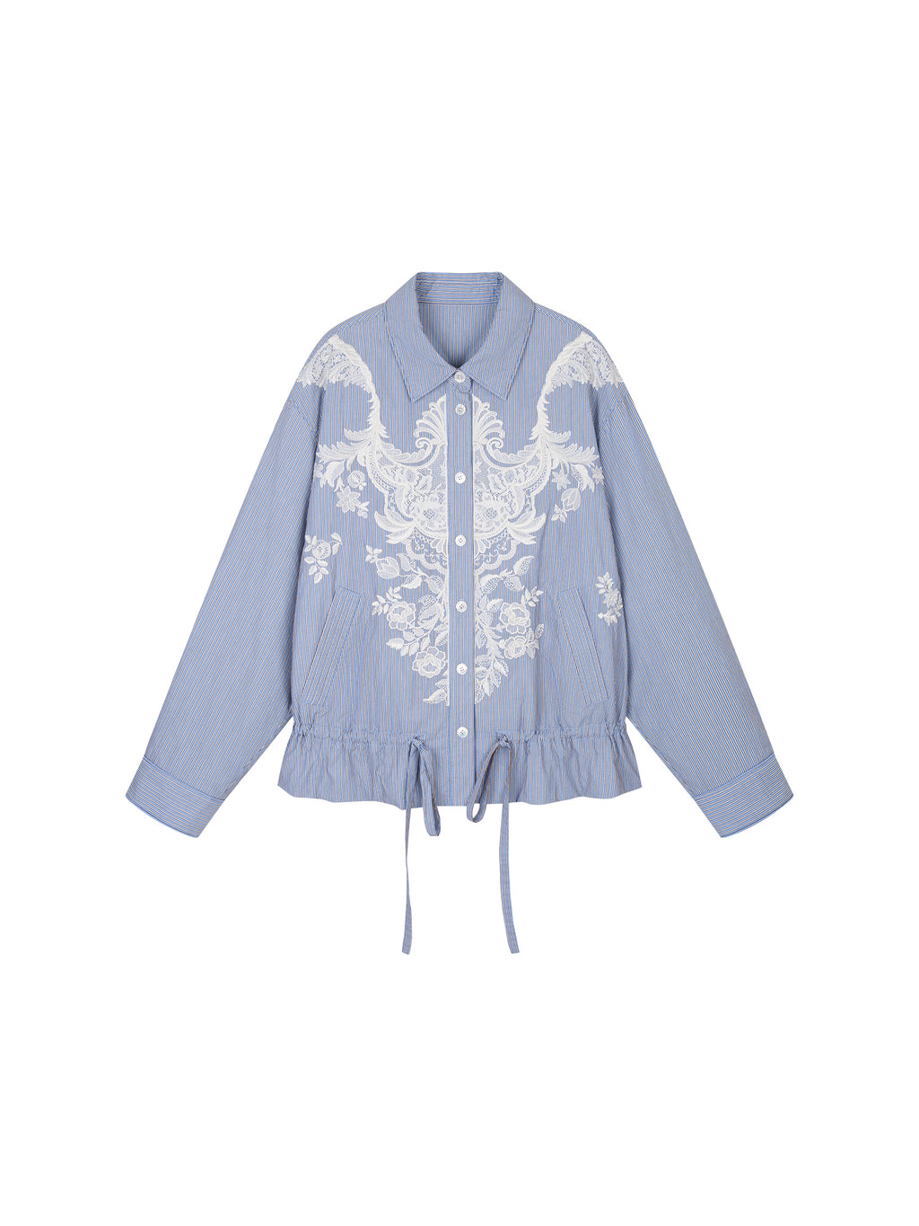 Lace Embroidered Striped Padded Shirt Jacket