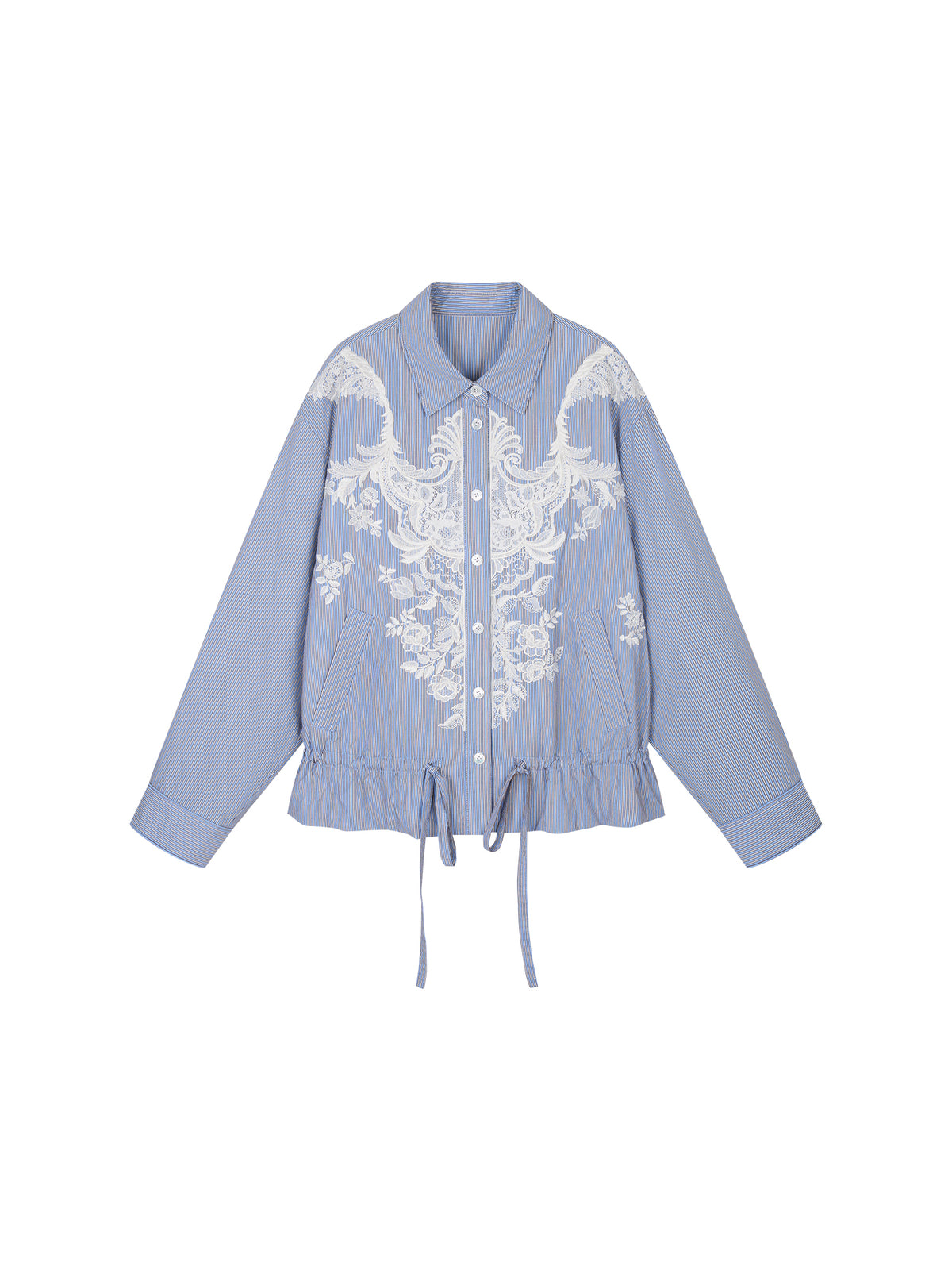 Lace Embroidered Striped Padded Shirt Jacket