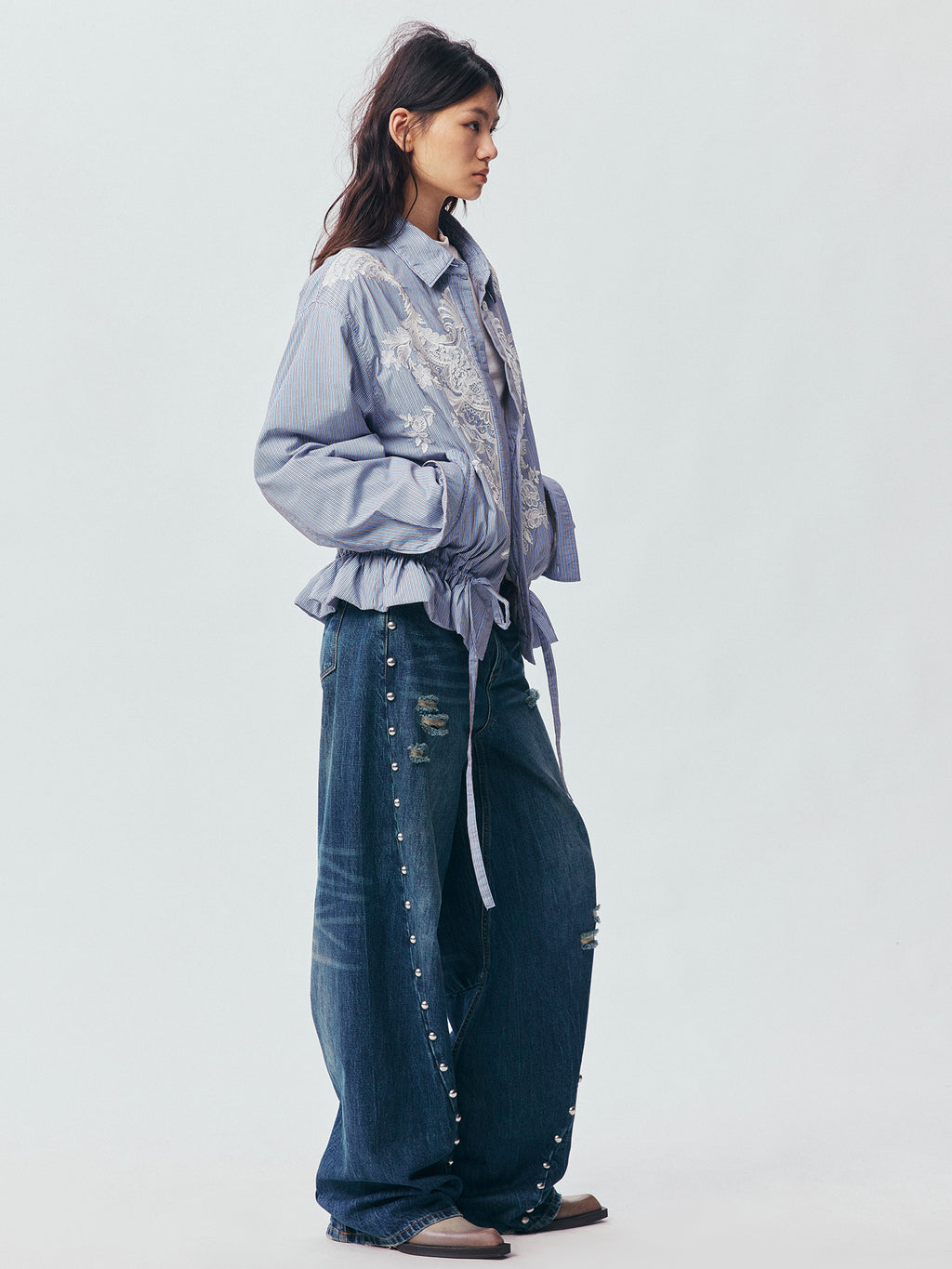 Lace Embroidered Striped Padded Shirt Jacket