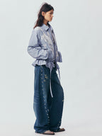 Lace Embroidered Striped Padded Shirt Jacket