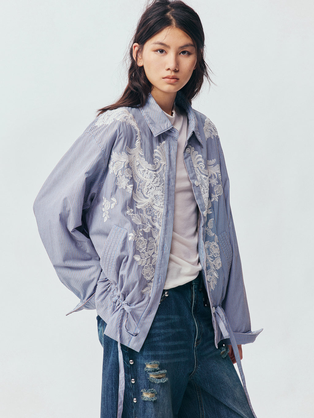 Lace Embroidered Striped Padded Shirt Jacket