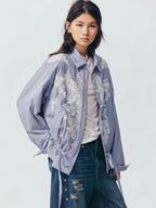 Lace Embroidered Striped Padded Shirt Jacket