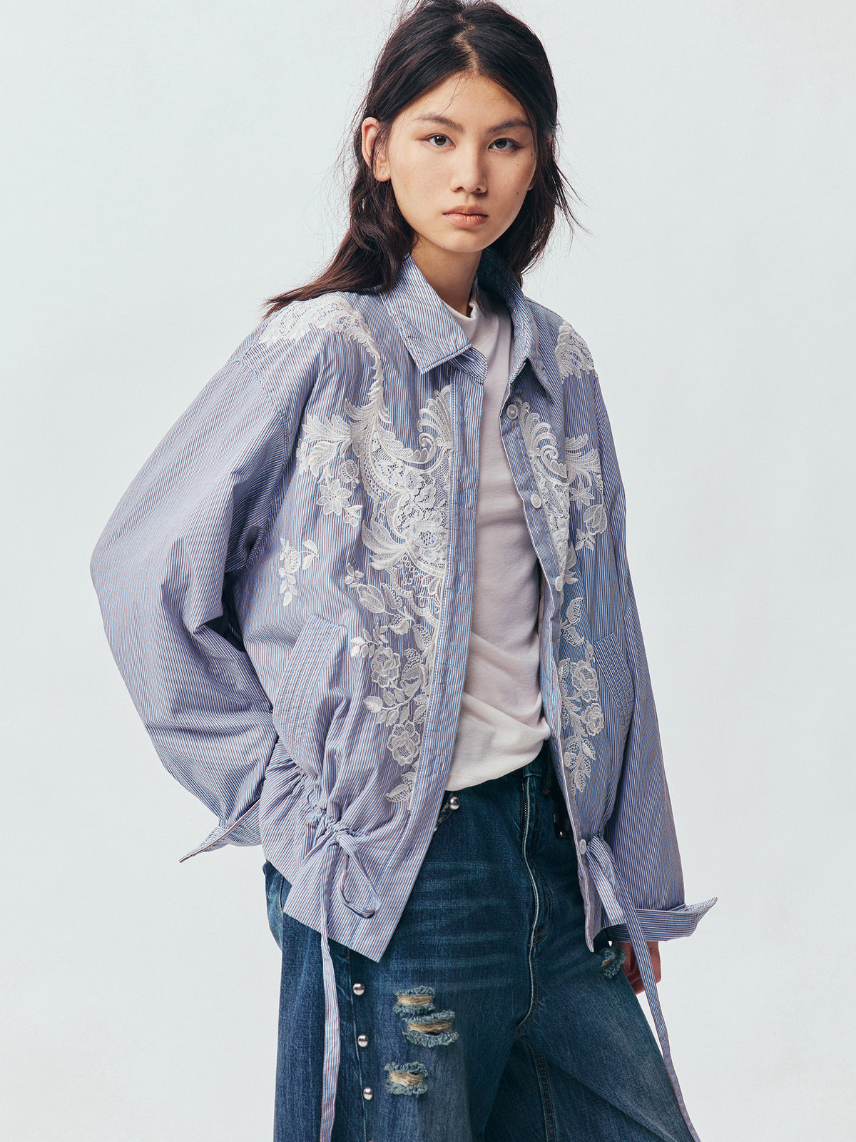 Lace Embroidered Striped Padded Shirt Jacket