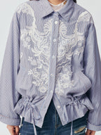 Lace Embroidered Striped Padded Shirt Jacket