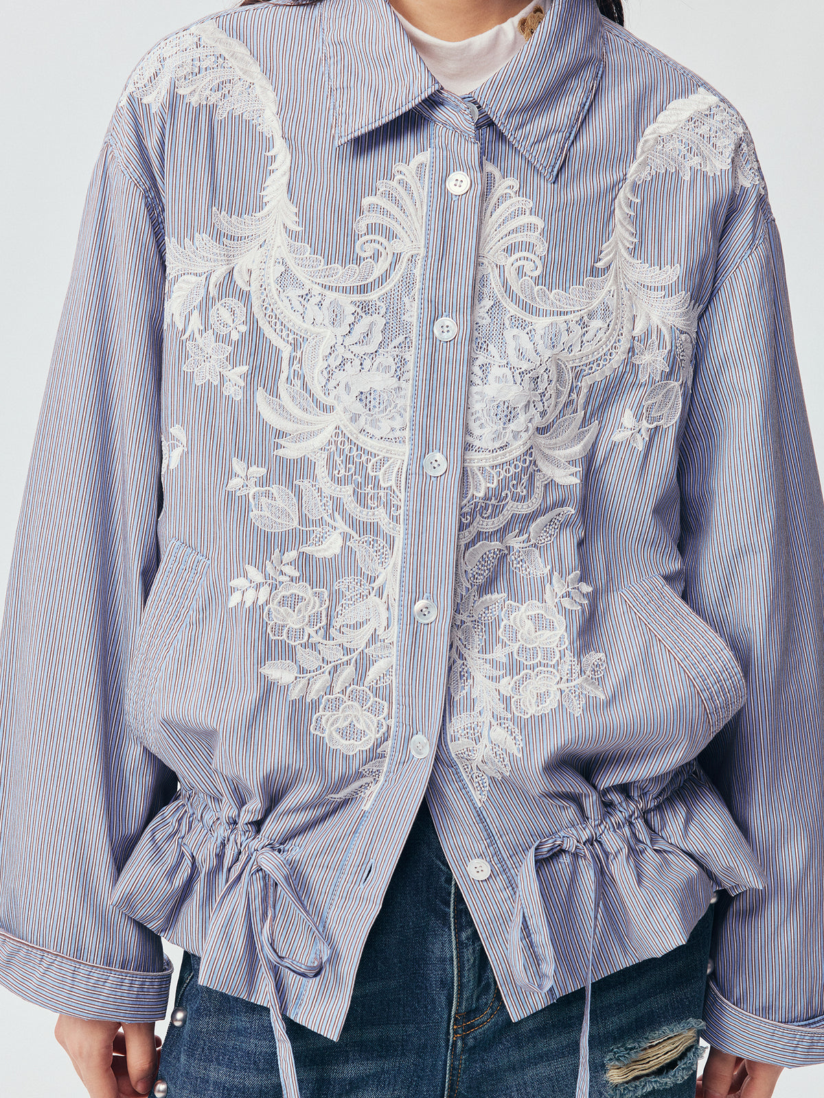 Lace Embroidered Striped Padded Shirt Jacket