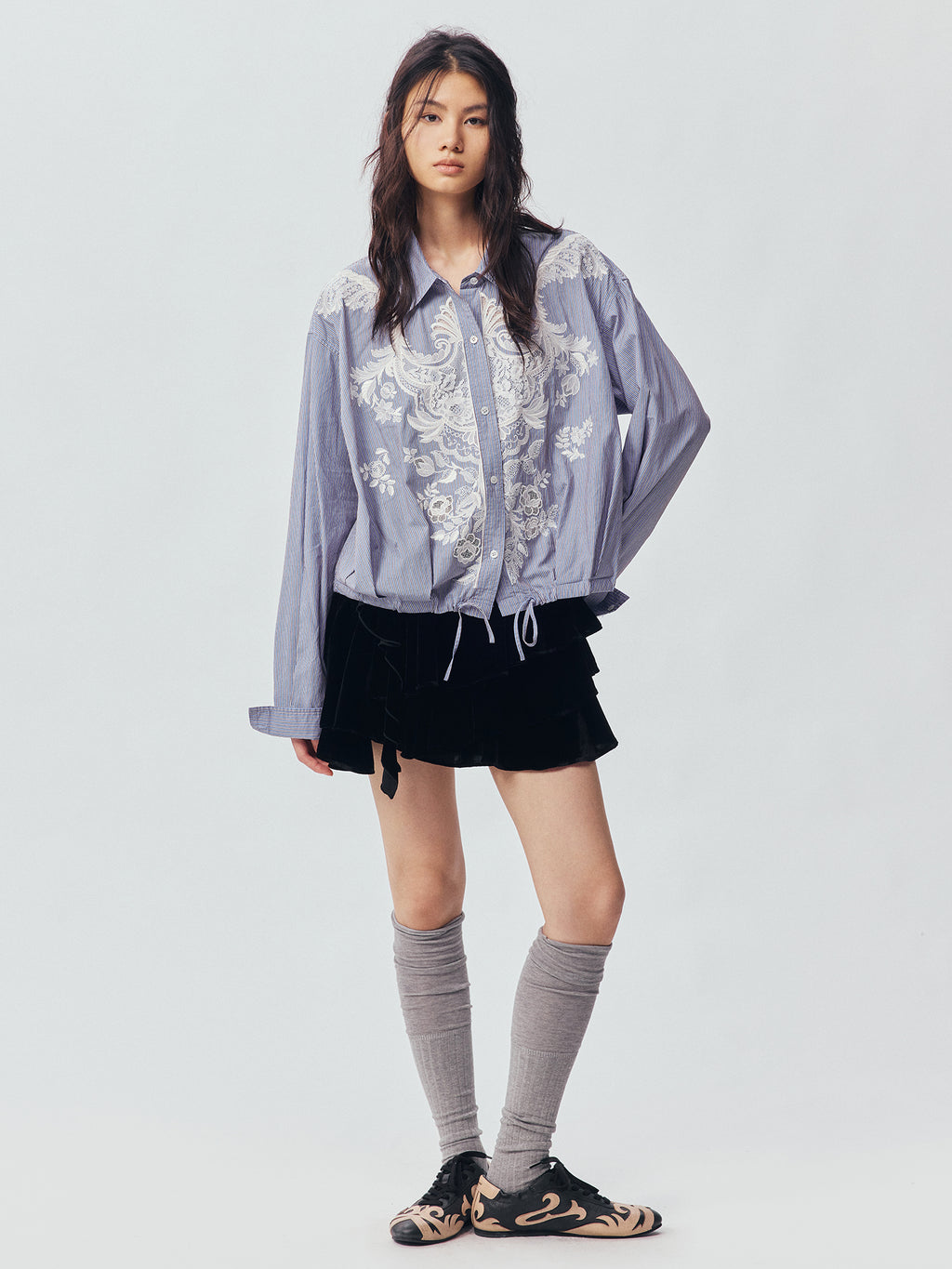Lace Embroidered Striped Shirt