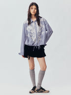 Lace Embroidered Striped Shirt