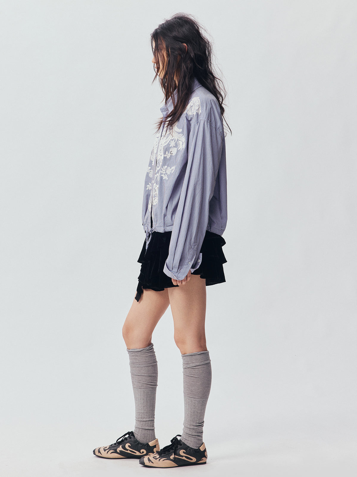 Lace Embroidered Striped Shirt