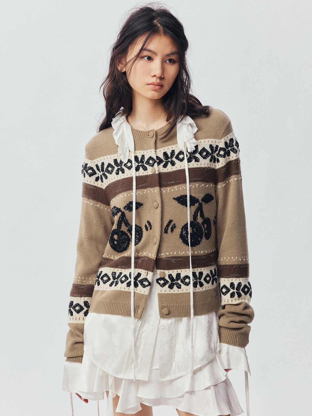 Sporty Cherry Fair Isle Beaded Cardigan