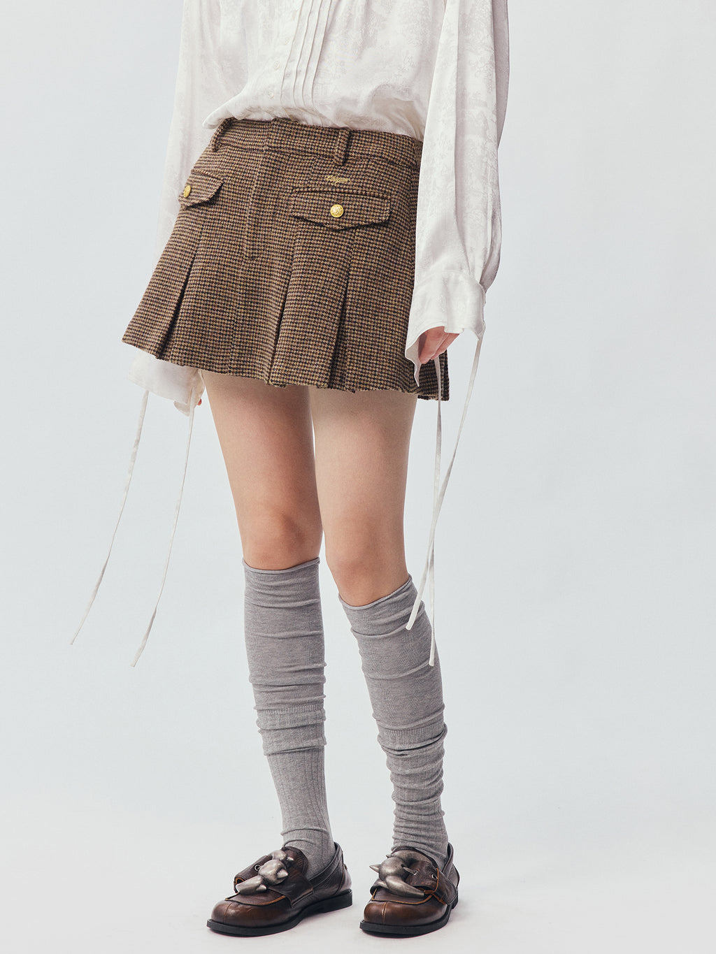 Military Button Wool Pleated Mini Skirt