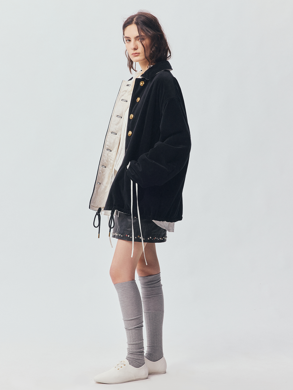 Reversible Vintage Officer-Button Puffer Jacket