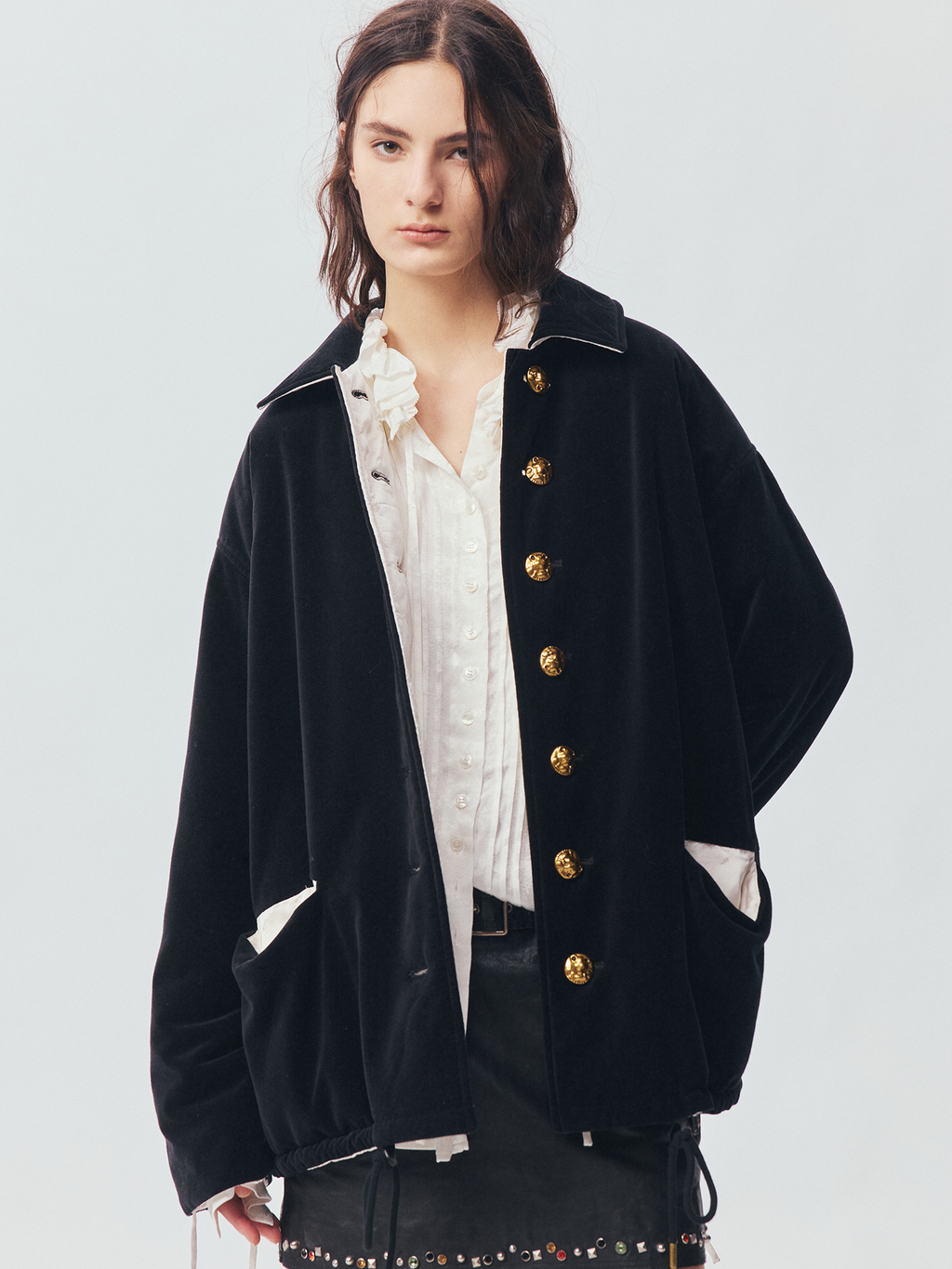 Reversible Vintage Officer-Button Puffer Jacket