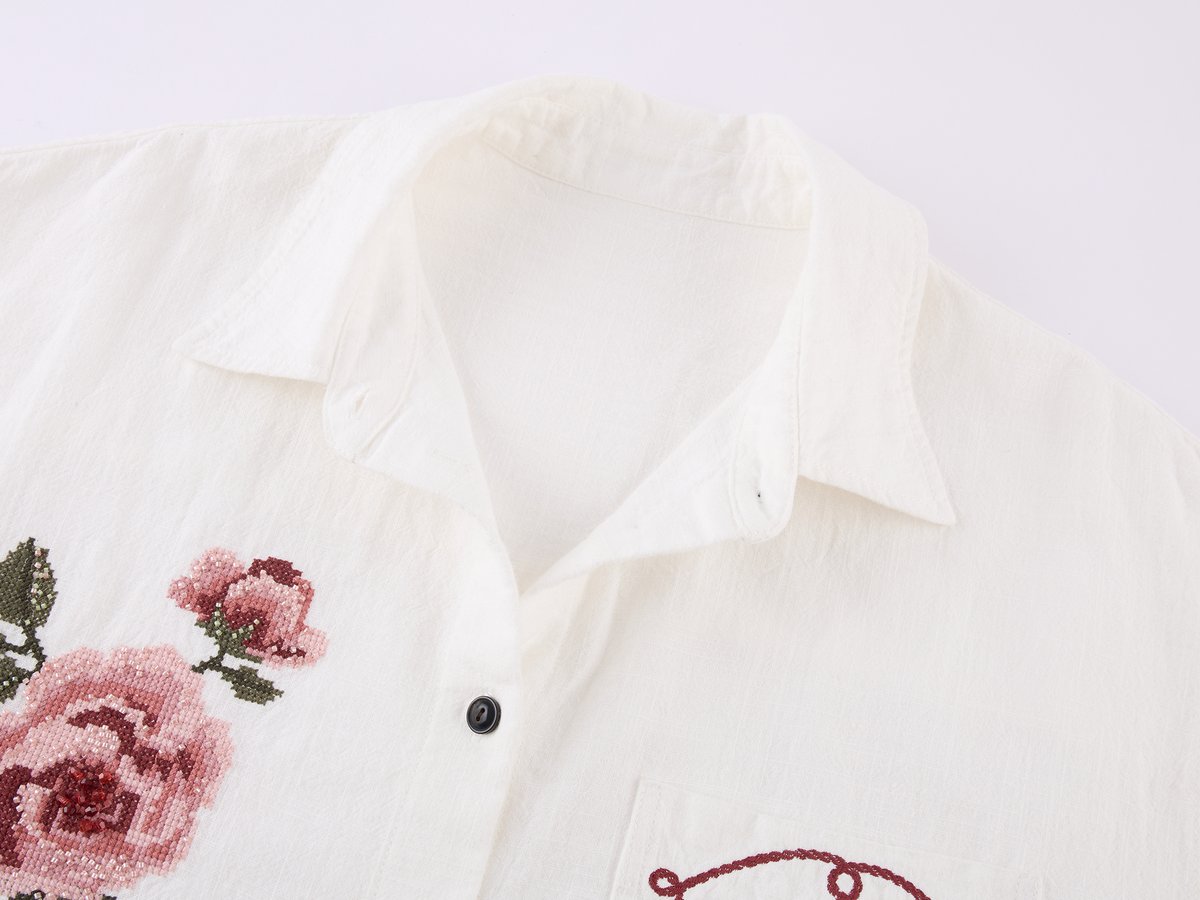 Vintage Floral-Embroidered Textured Shirt