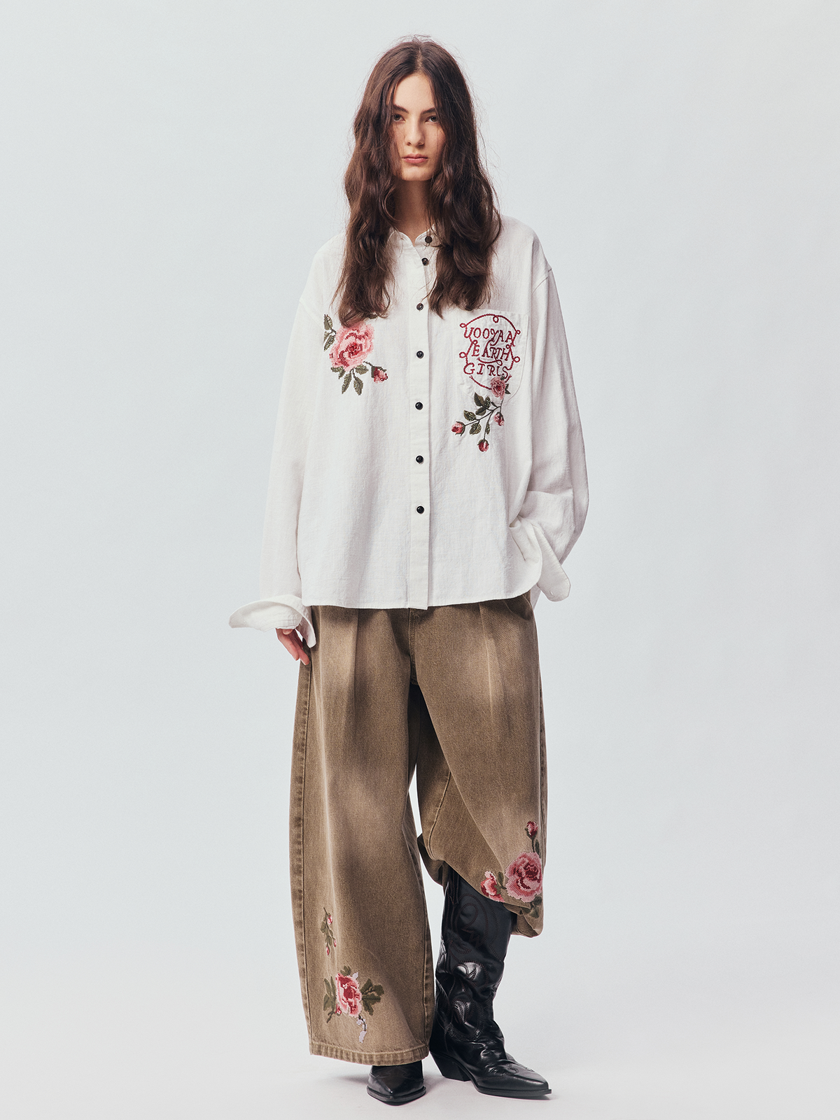 Vintage Floral-Embroidered Textured Shirt