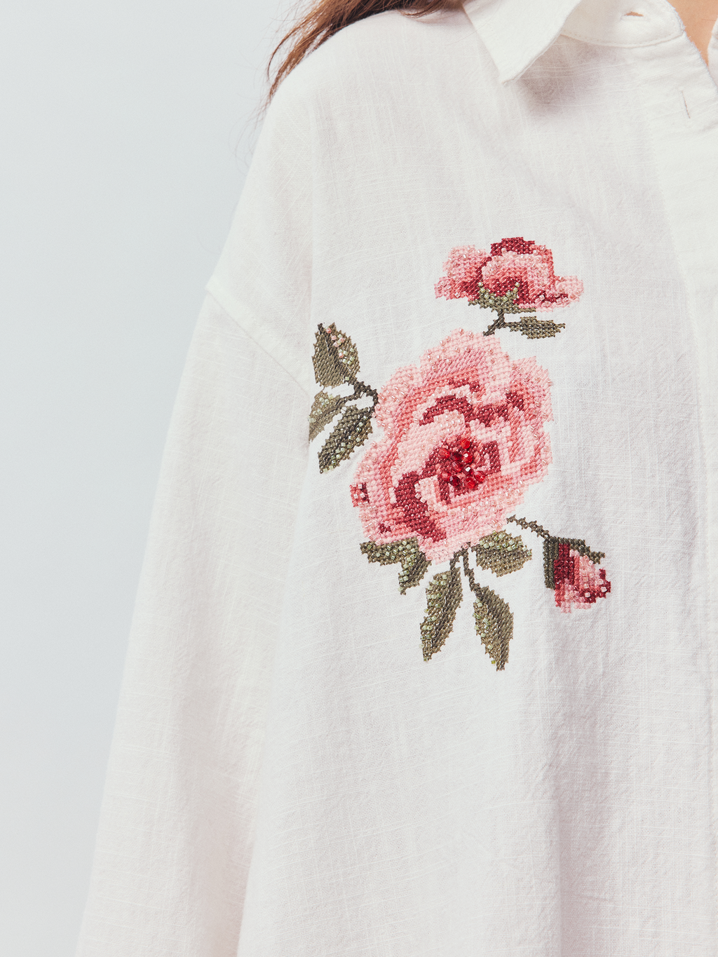 Vintage Floral-Embroidered Textured Shirt