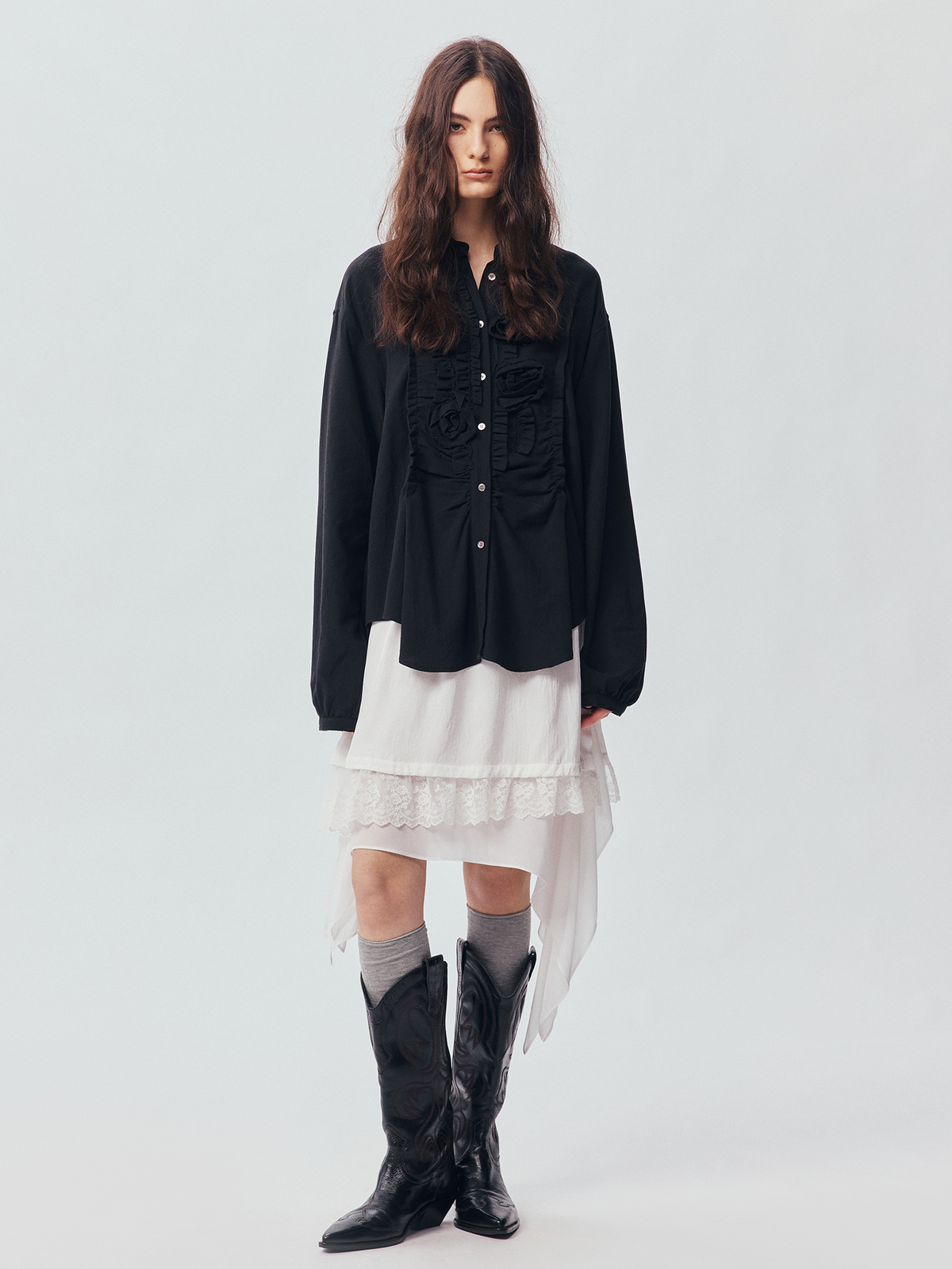 Asymmetric Ruffle Floral-Applique Shirt