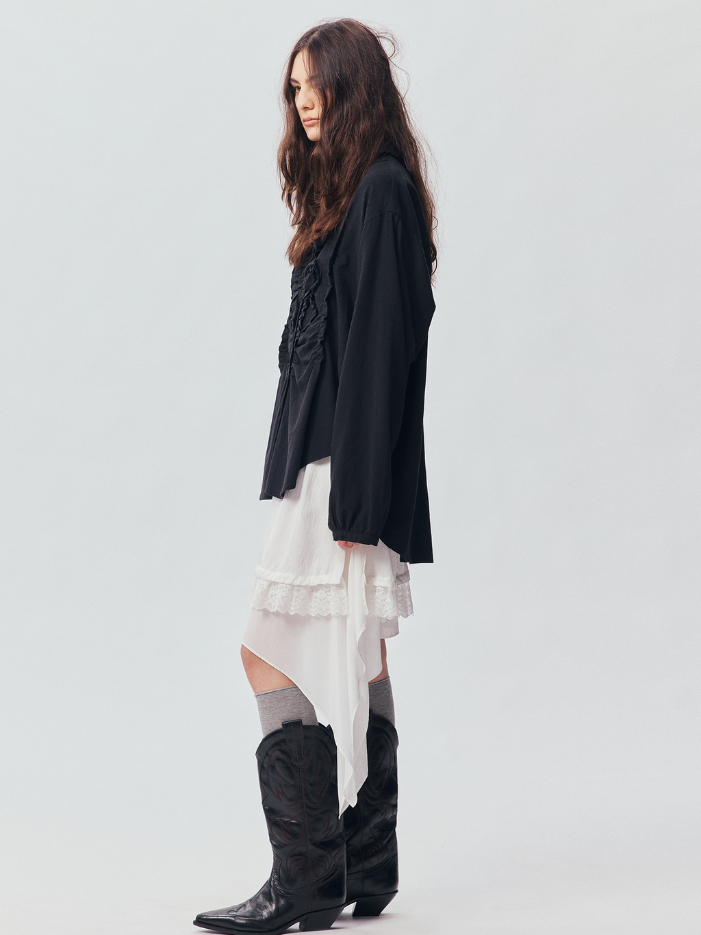Asymmetric Ruffle Floral-Applique Shirt