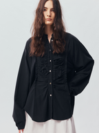 Asymmetric Ruffle Floral-Applique Shirt