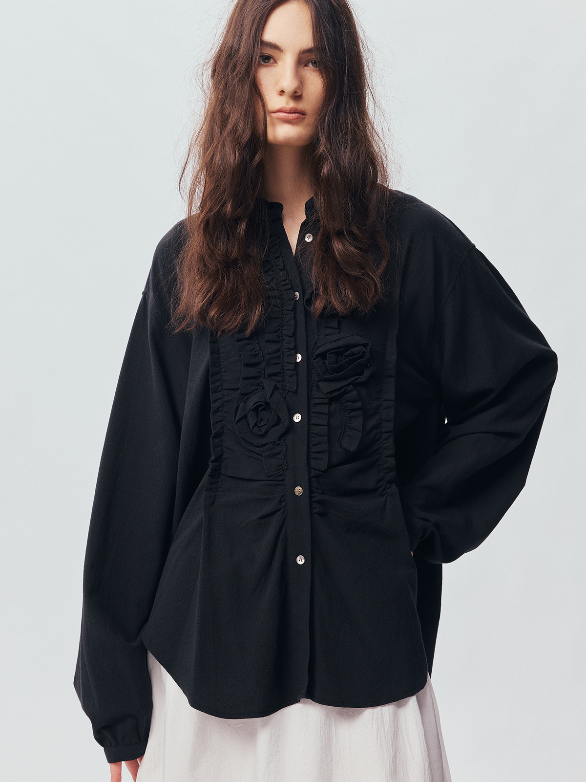 Asymmetric Ruffle Floral-Applique Shirt