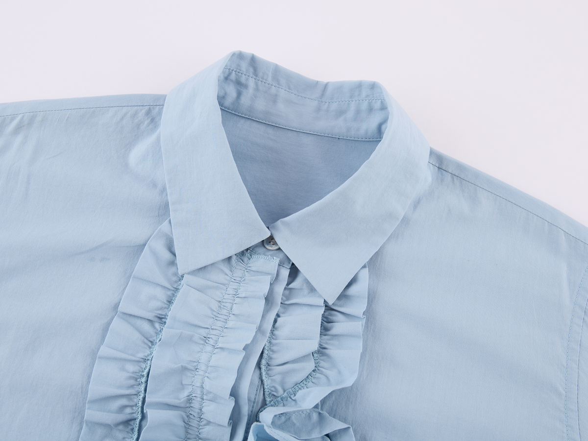 Mist-Blue Floral-Appliqué Cotton Shirt