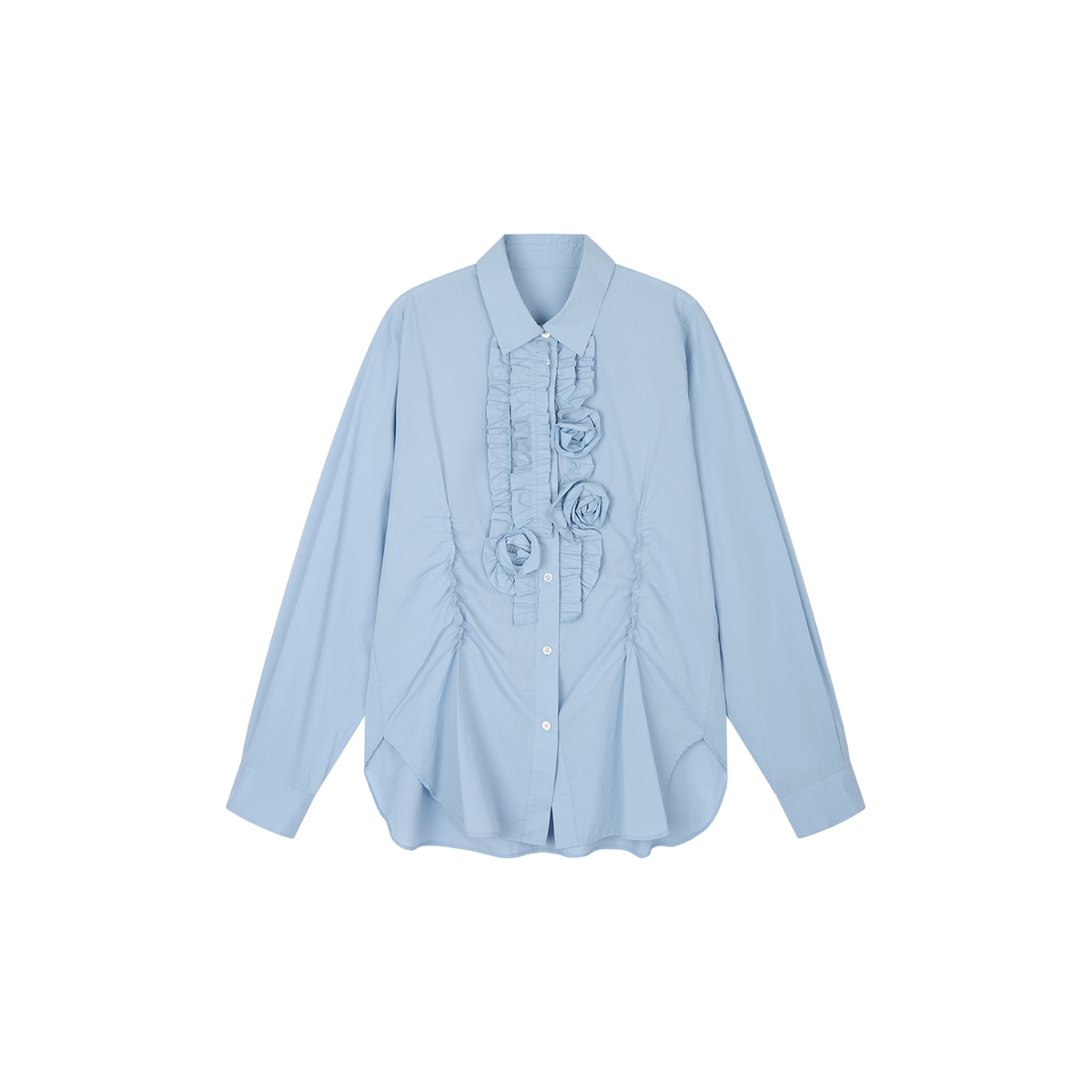 Mist-Blue Floral-Appliqué Cotton Shirt