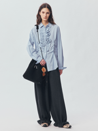 Mist-Blue Floral-Appliqué Cotton Shirt