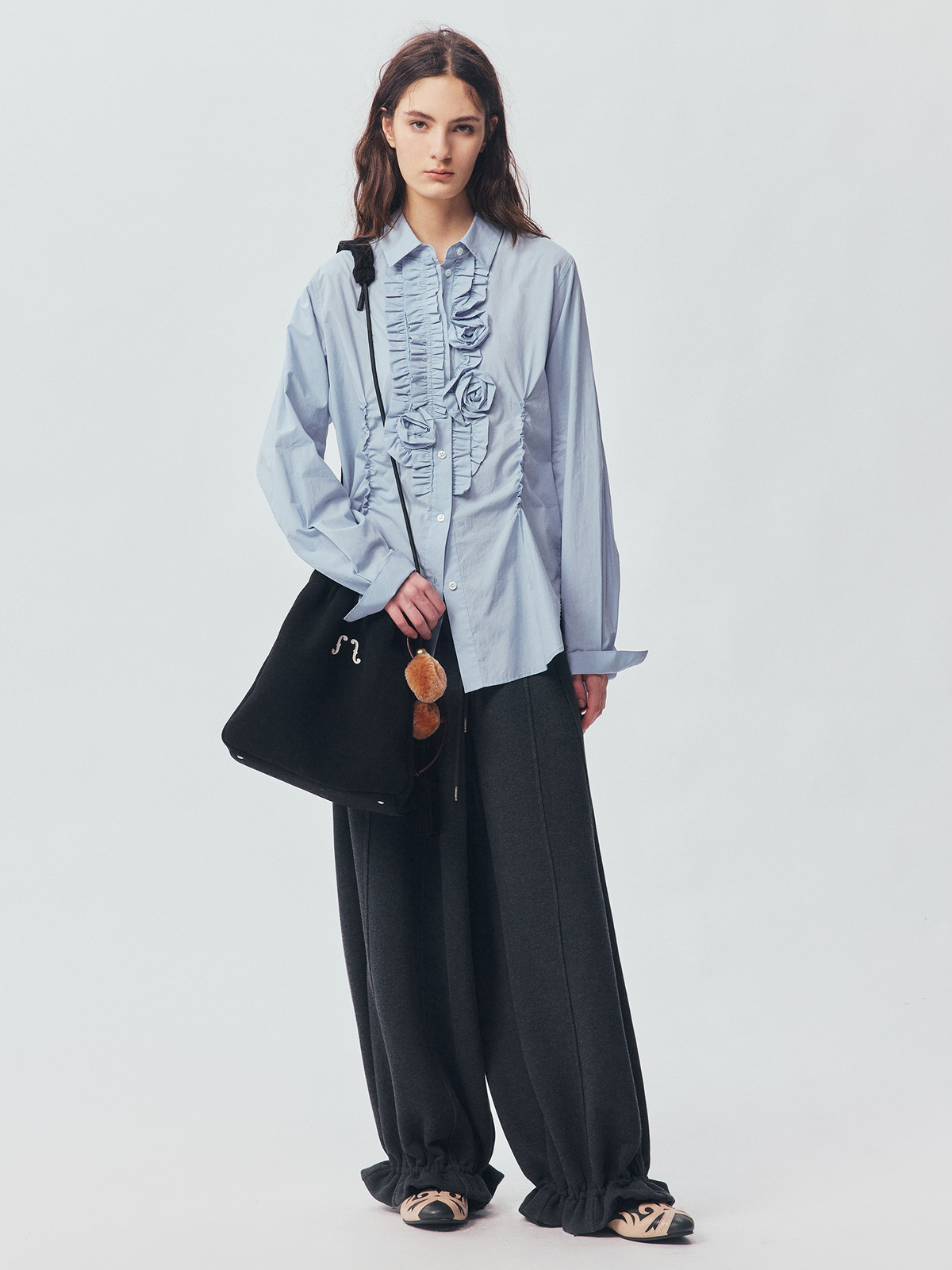 Mist-Blue Floral-Appliqué Cotton Shirt