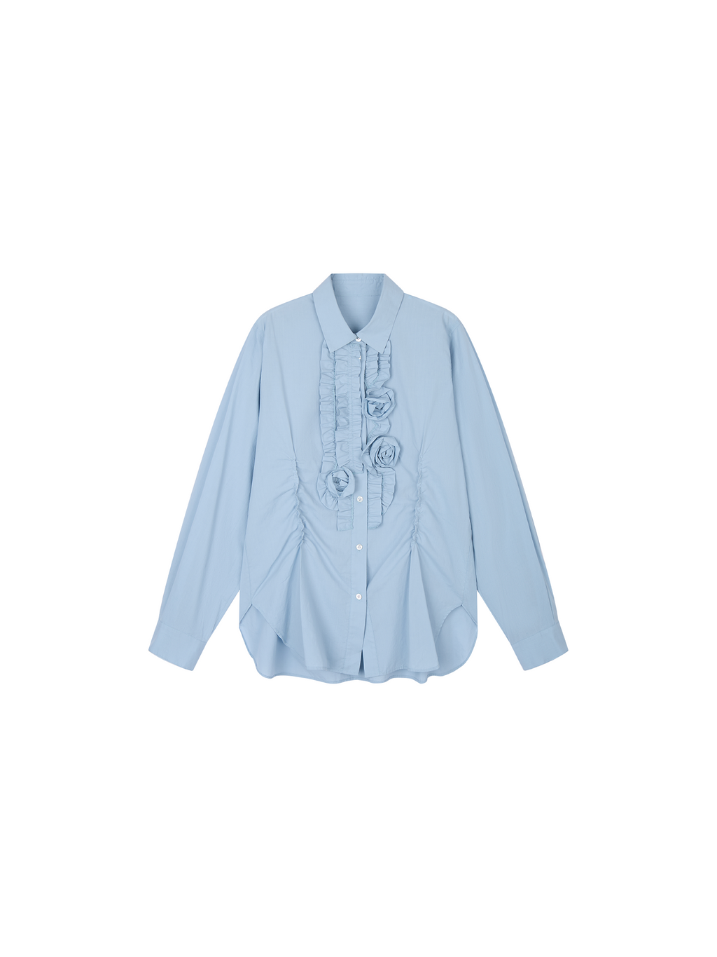 Mist-Blue Floral-Appliqué Cotton Shirt