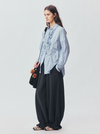Mist-Blue Floral-Appliqué Cotton Shirt