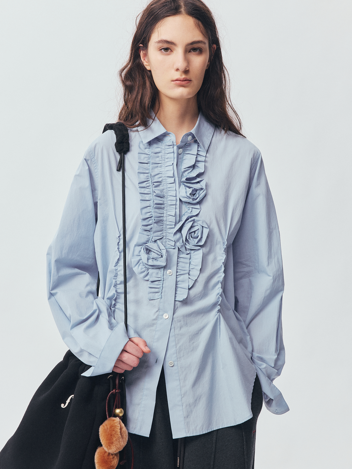 Mist-Blue Floral-Appliqué Cotton Shirt