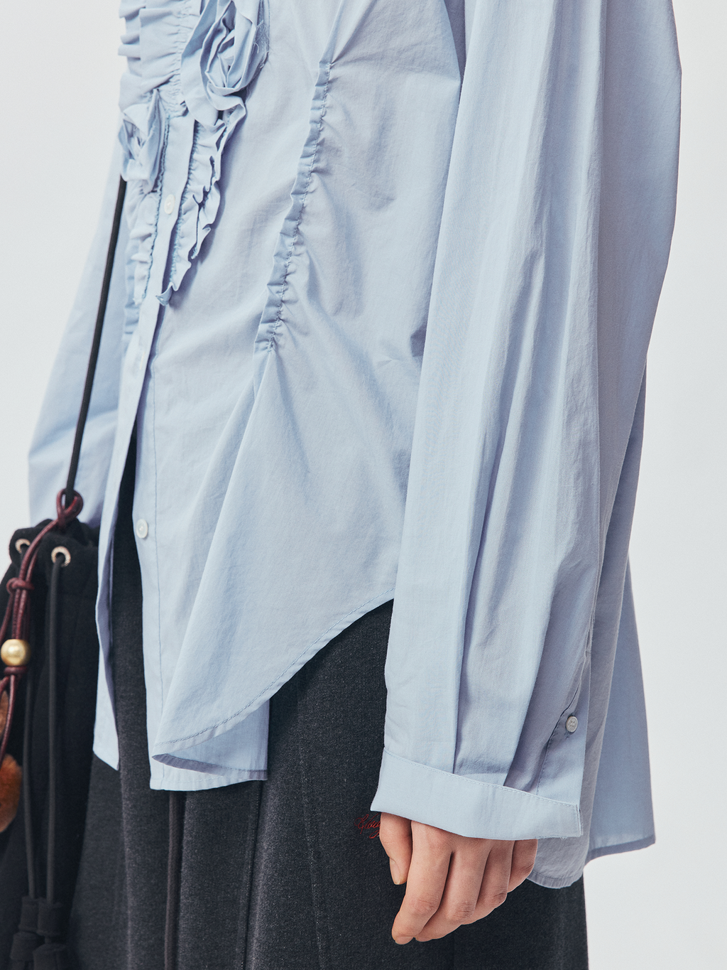 Mist-Blue Floral-Appliqué Cotton Shirt