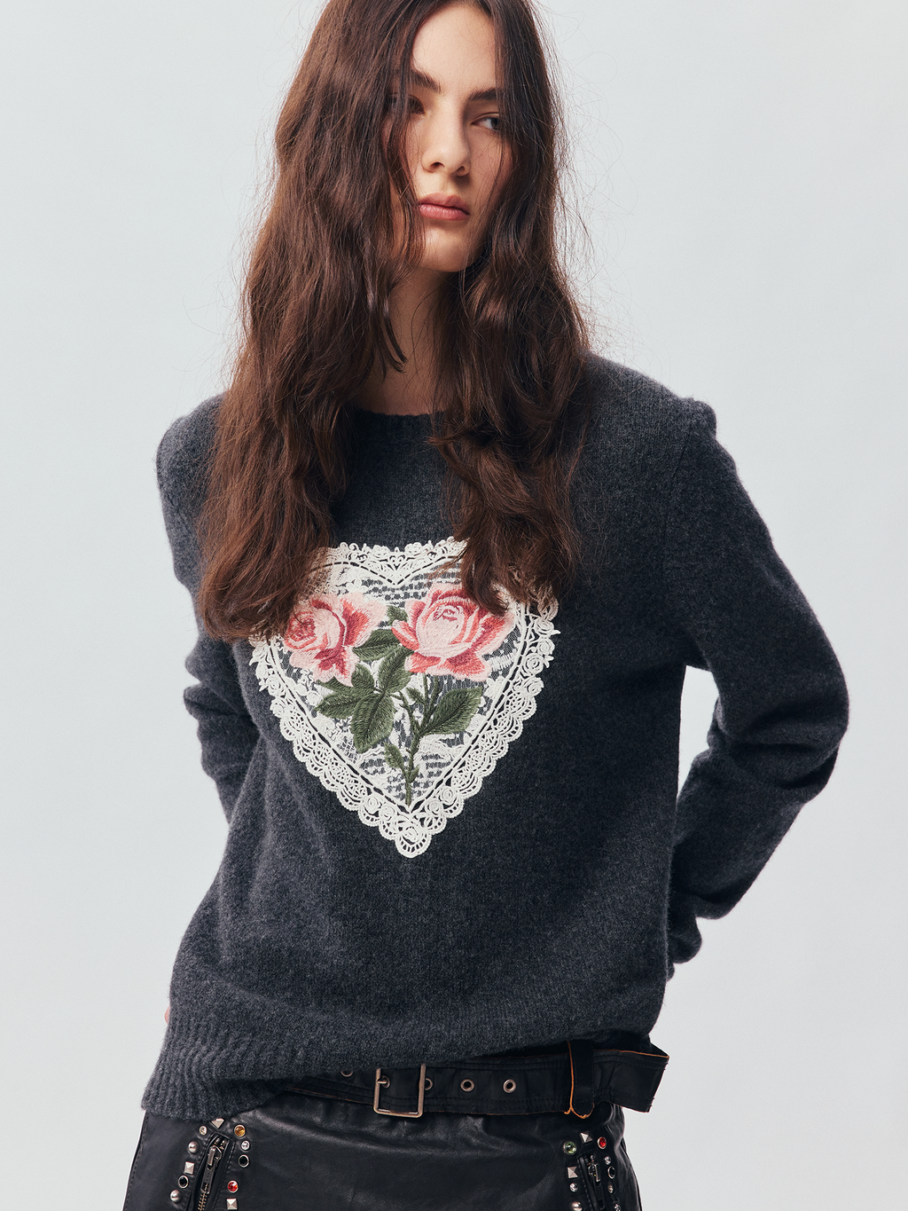 Vintage Heart-Lace Embroidered Sweater