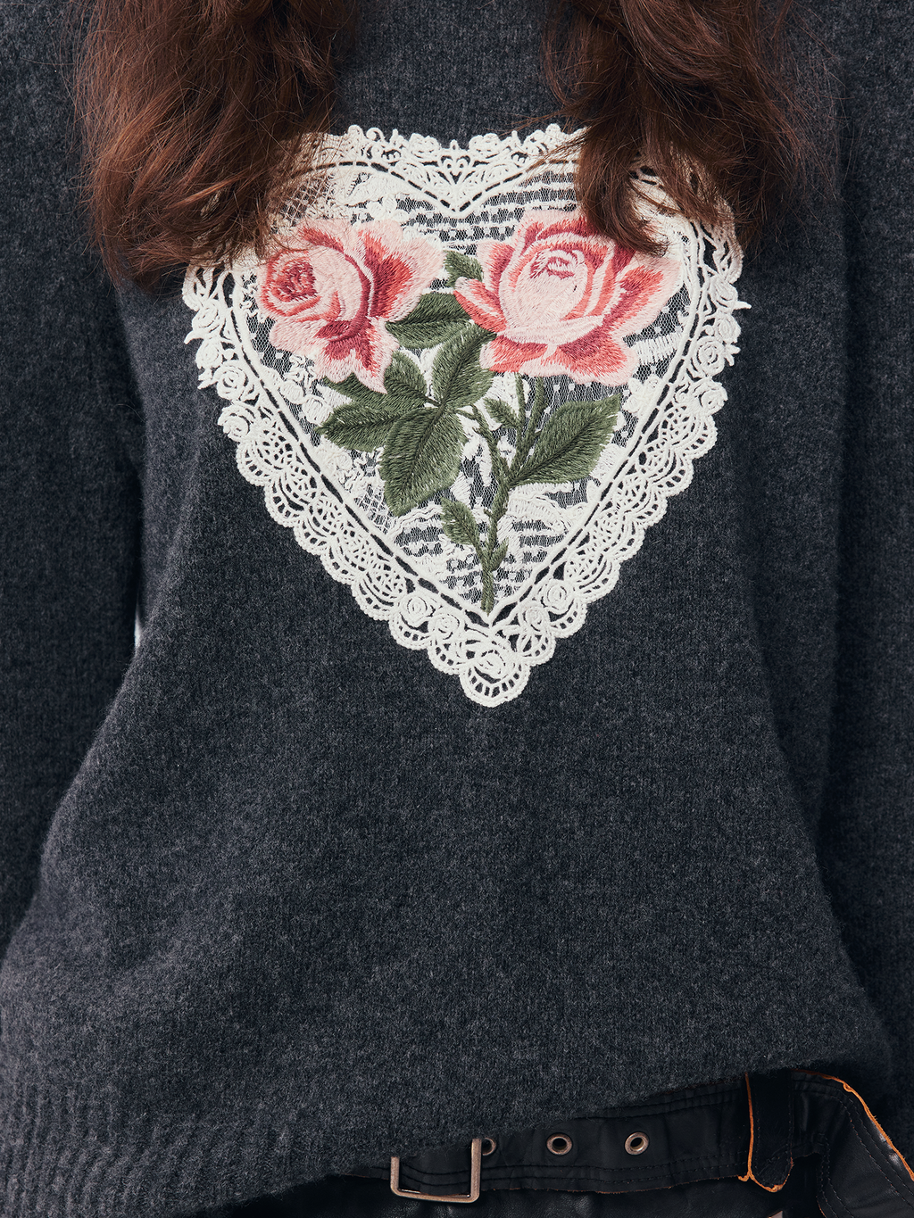 Vintage Heart-Lace Embroidered Sweater