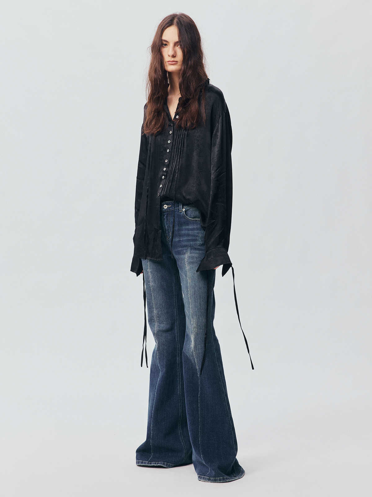 Washed Officer-Button Flared Jeans