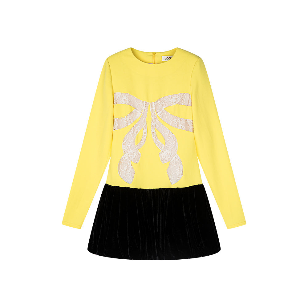 Lace bowknot spliced yellow dress