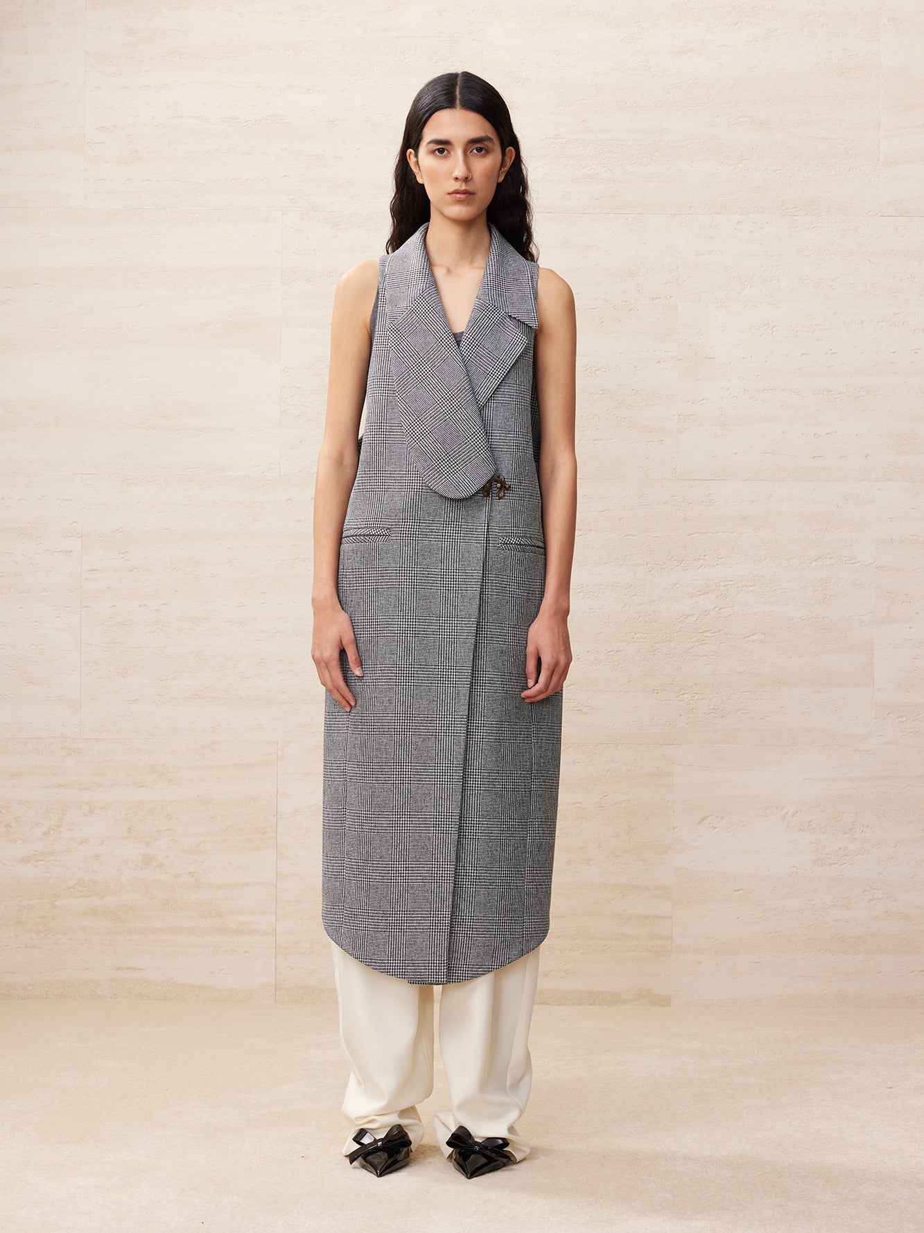 Houndstooth irregular collar long vest