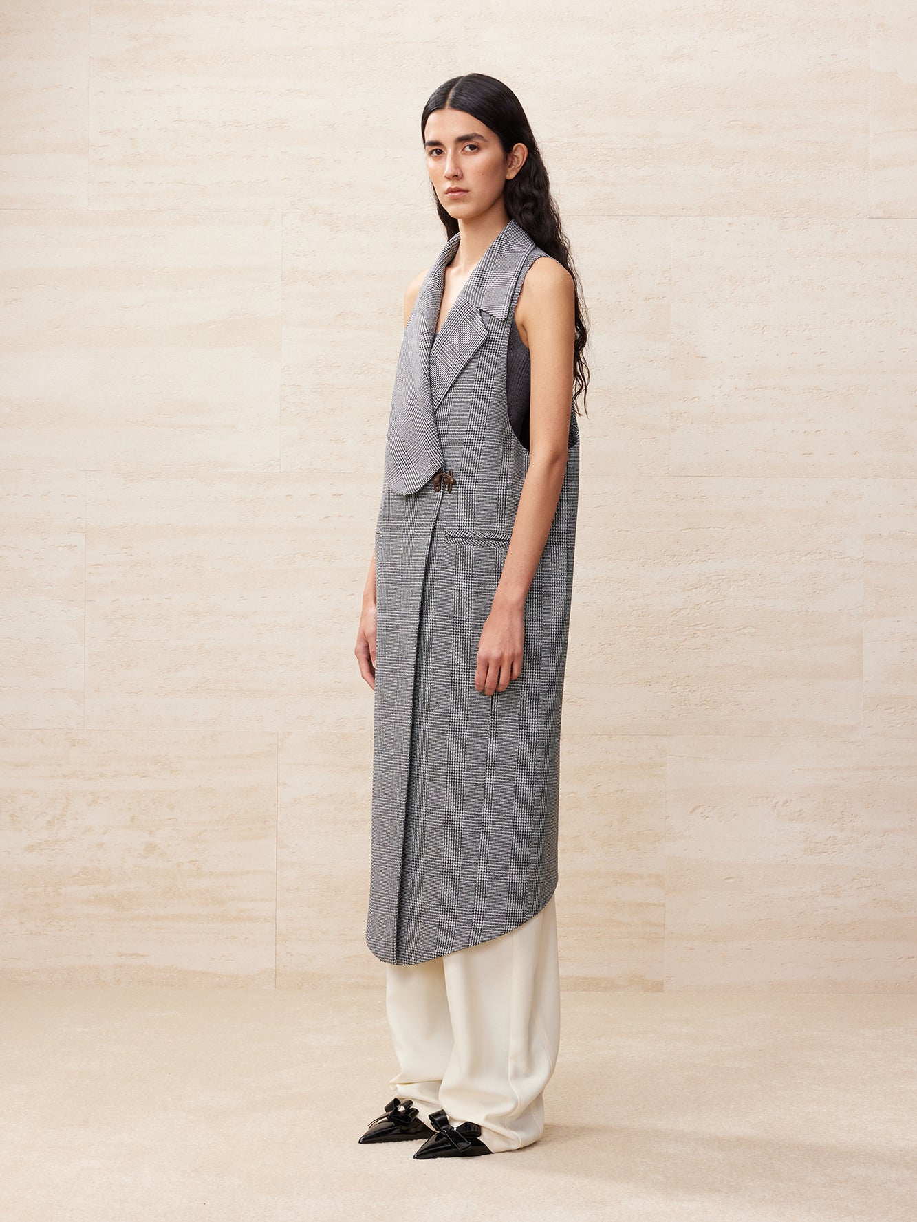 Houndstooth irregular collar long vest