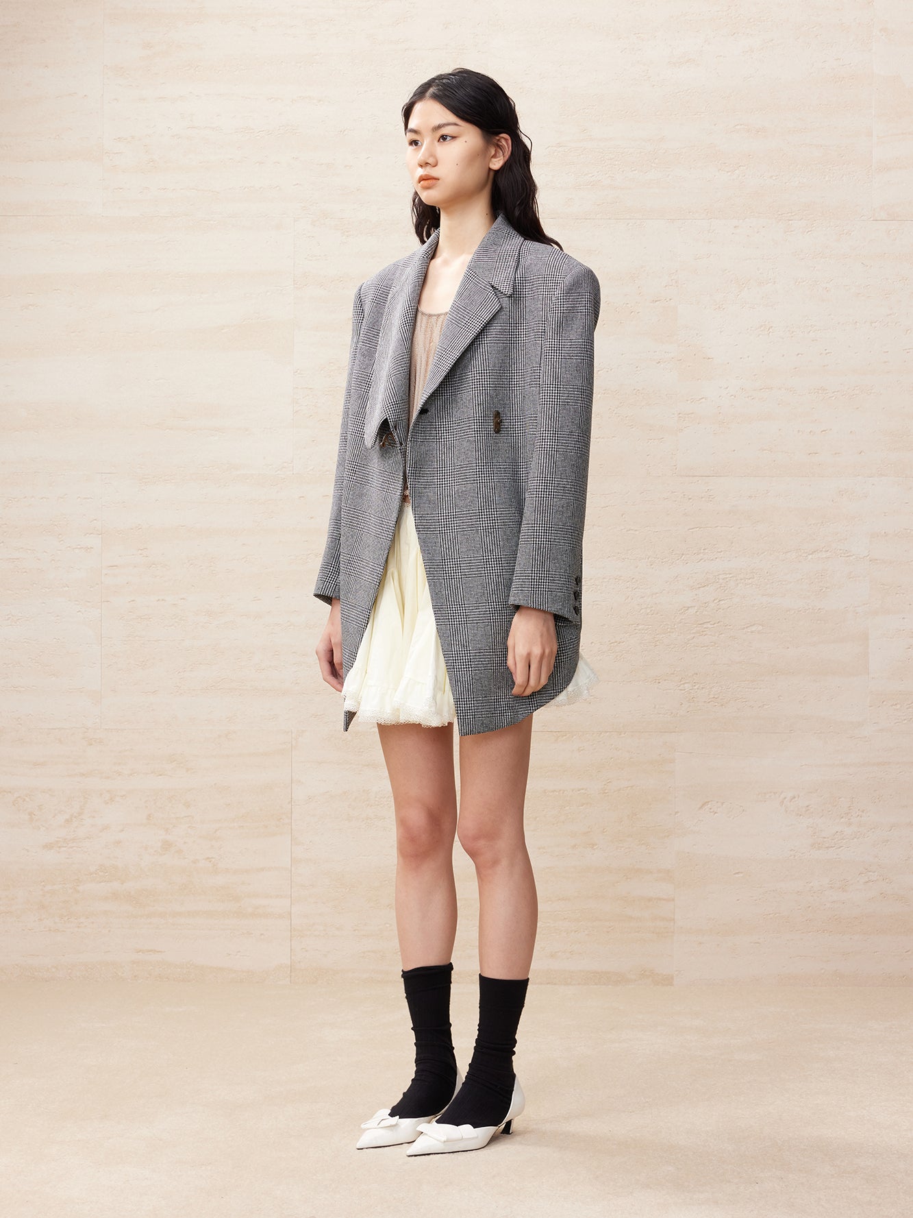 Houndstooth irregular collar blazer