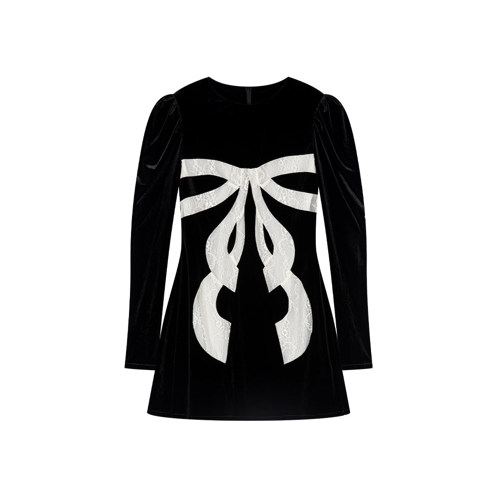 Lace bowknot spliced velvet minidress