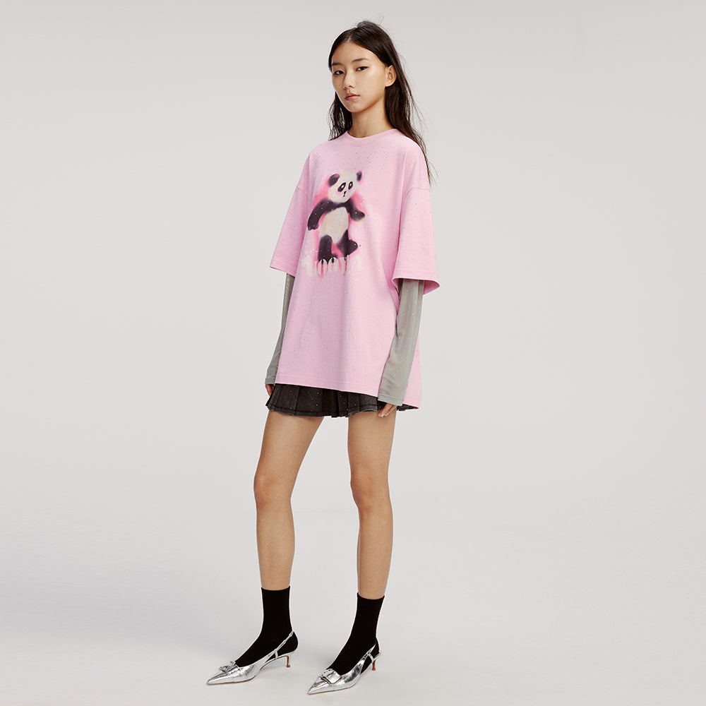Glossy Printed Panda Mock Two-piece Pink T-shirt