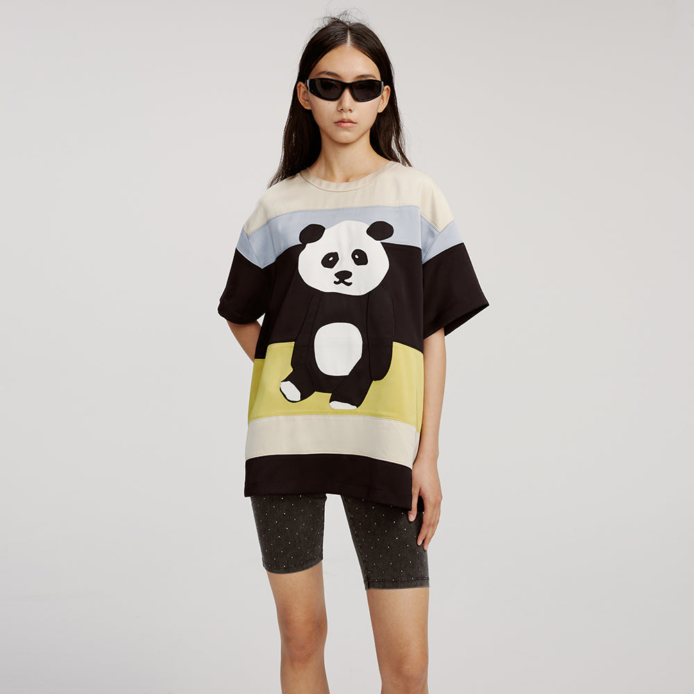 Appliqued Panda Striped T-shirt