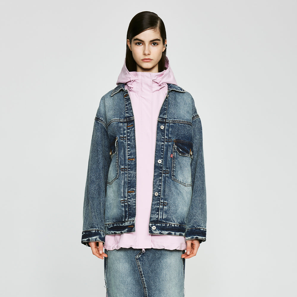 Deconstructed Two-pieced Hooded Denim Jacket