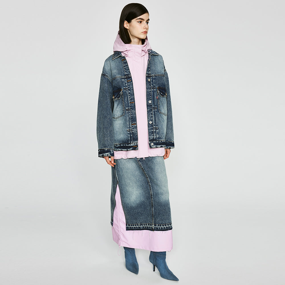 Deconstructed Two-pieced Hooded Denim Jacket