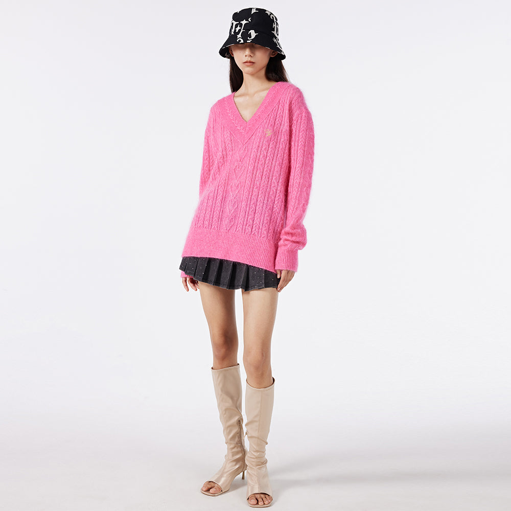 Pink V-neck Oversized Sweater