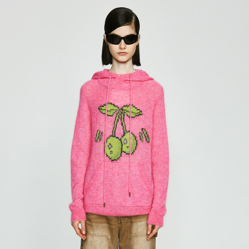 Pink Cherry Patterned Knitted Hoodie