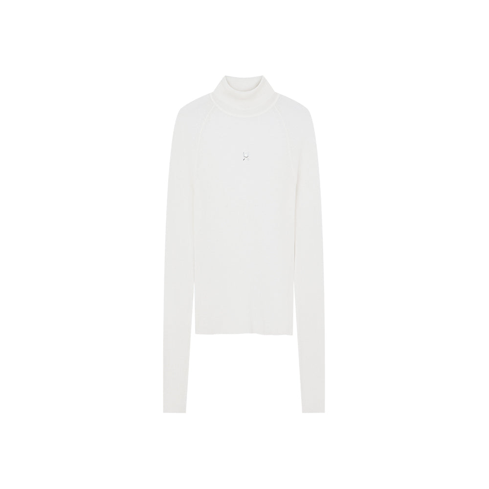 White Long-sleeved Turtle Neck Knitted Shirt