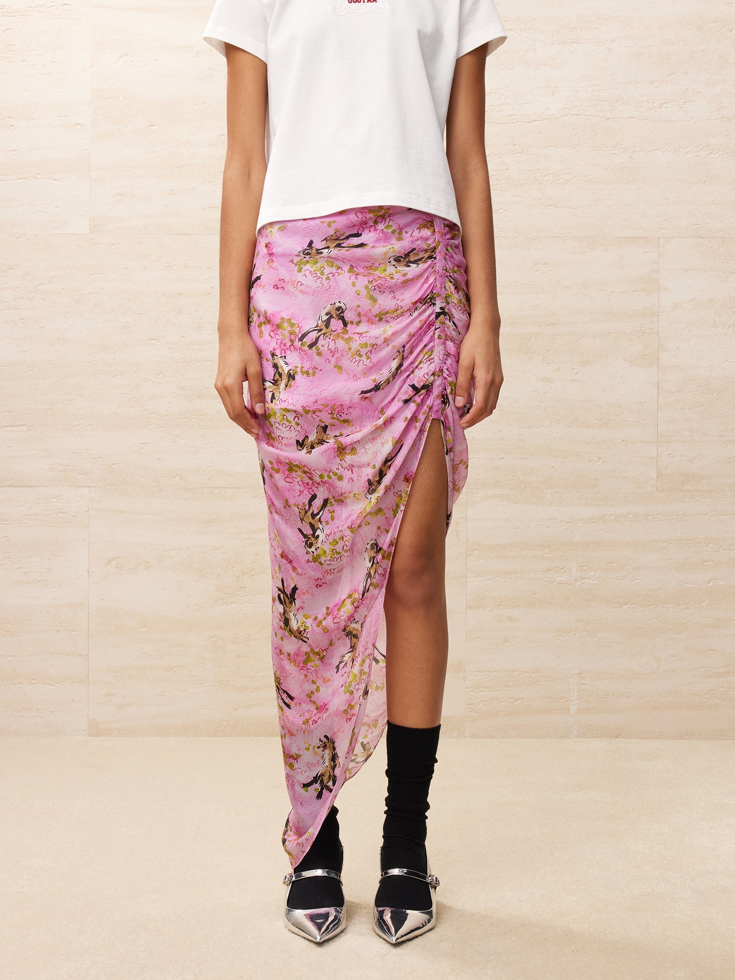 Puppy patterned rose pink draped skirt