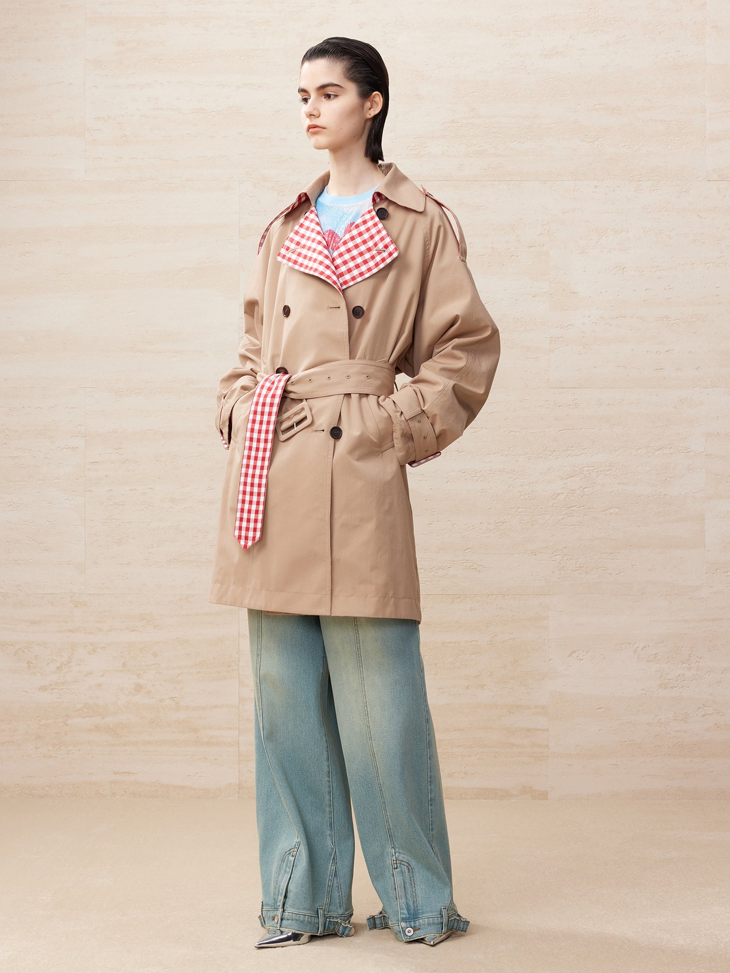 Deconstructed washed wide leg jeans