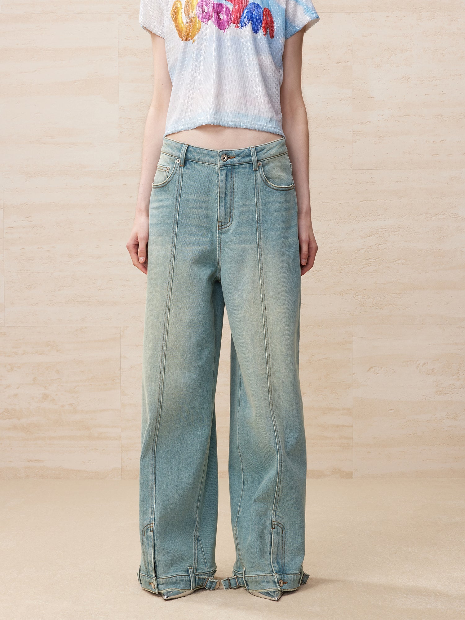 Deconstructed washed wide leg jeans